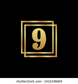 Gold emblem with number 9. 9 years anniversary with golden font. 9 years anniversary celebration simple logo. Luxury gold emblem,label,seal,sticker or tag. Can be used for celebrations, anniversari