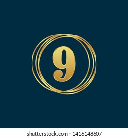 Gold emblem with number 9. 9 years anniversary with golden font. 9 years anniversary celebration simple logo. Luxury gold emblem,label,seal,sticker or tag. Can be used for celebrations, anniversari