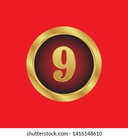 Gold emblem with number 9. 9 years anniversary with golden font. 9 years anniversary celebration simple logo. Luxury gold emblem,label,seal,sticker or tag. Can be used for celebrations, anniversari