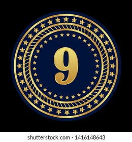 Gold emblem with number 9. 9 years anniversary with golden font. 9 years anniversary celebration simple logo. Luxury gold emblem,label,seal,sticker or tag. Can be used for celebrations, anniversari