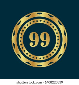 Gold emblem with number 99. 99 years anniversary with golden font. 99 years anniversary celebration simple logo. Luxury gold emblem,label,seal,sticker or tag. Can be used for celebrations, anniversari