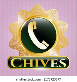  Gold emblem with old phone icon and Chives text inside