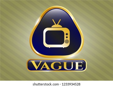  Gold emblem with old tv, television icon and Vague text inside