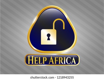  Gold emblem with open lock icon and Help Africa text inside