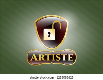  Gold emblem with open lock icon and Artiste text inside