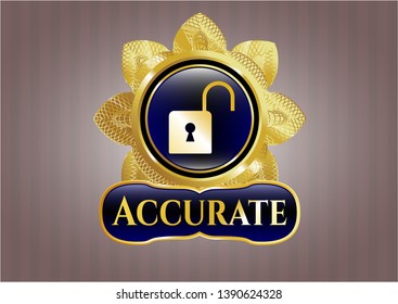  Gold emblem with open lock icon and Accurate text inside