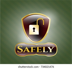  Gold emblem with open lock icon and Safely text inside