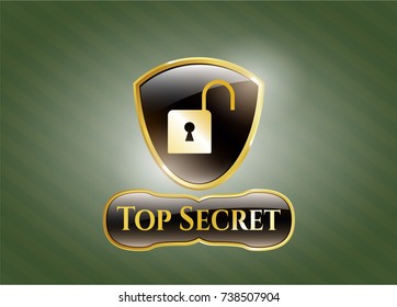  Gold emblem with open lock icon and Top Secret text inside