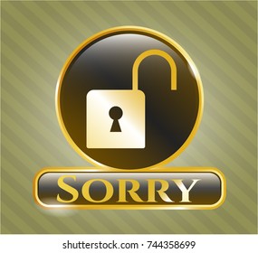  Gold emblem with open lock icon and Sorry text inside