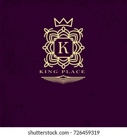 Gold emblem patterned frame around the letter K. Monogram design elements, graceful template. Simple logo design for Royalty, business card, Boutique, Hotel, Heraldic, Web design. Vector illustration