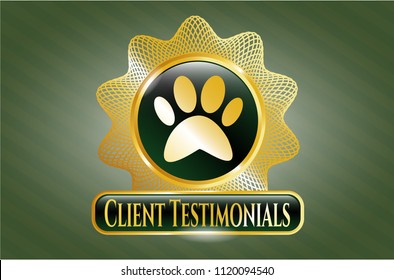  Gold emblem with paw icon and Client Testimonials text inside