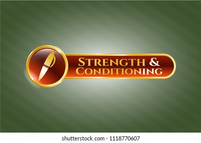  Gold emblem with pen icon and Strength and Conditioning text inside