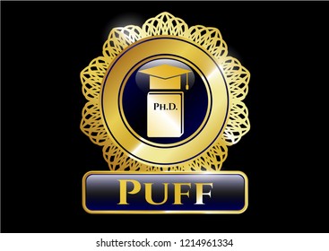  Gold emblem with Phd thesis icon and Puff text inside