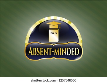  Gold emblem with Phd thesis icon and Absent-minded text inside