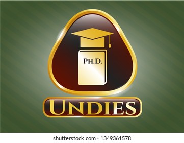  Gold emblem with Phd thesis icon and Undies text inside