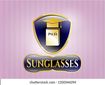  Gold emblem with Phd thesis icon and Sunglasses text inside