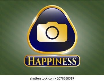   Gold emblem with photo camera icon and Happiness text inside