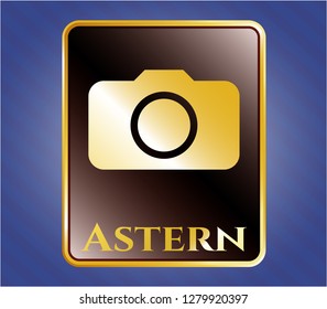  Gold emblem with photo camera icon and Astern text inside