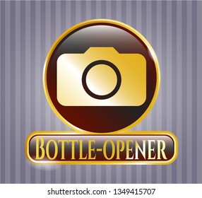  Gold emblem with photo camera icon and Bottle-opener text inside