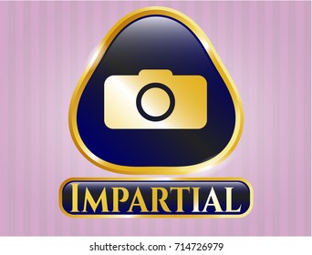  Gold emblem with photo camera icon and Impartial text inside