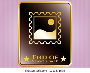   Gold emblem with picture icon and End of Season Sale text inside