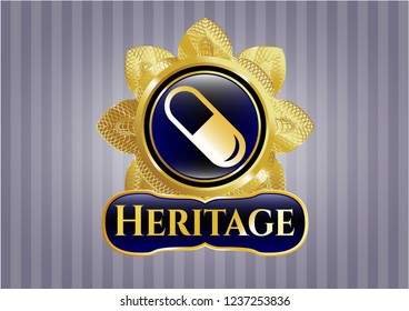  Gold emblem with pill icon and Heritage text inside