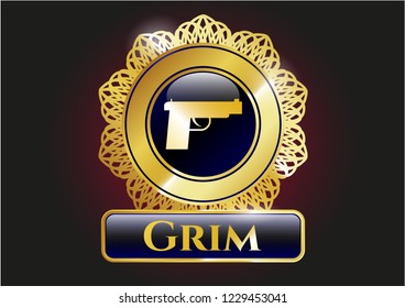  Gold emblem with pistol icon and Grim text inside