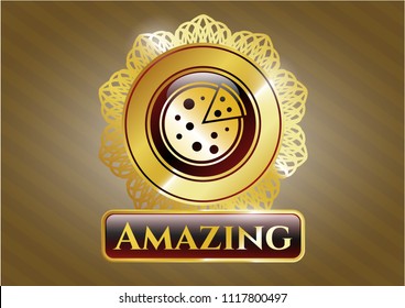  Gold emblem with pizza icon and Amazing text inside