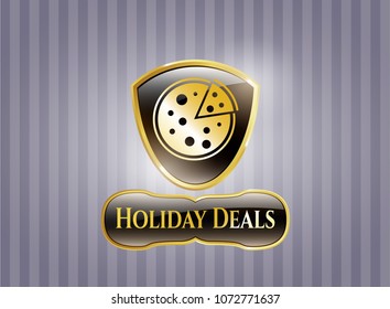  Gold emblem with pizza icon and Holiday Deals text inside