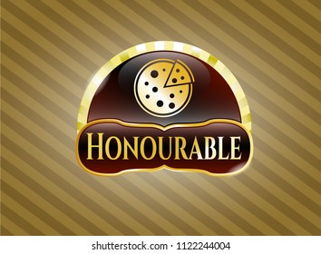  Gold emblem with pizza icon and Honourable text inside