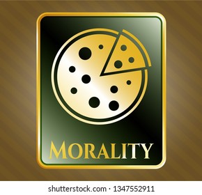  Gold emblem with pizza icon and Morality text inside