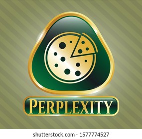  Gold emblem with pizza icon and Perplexity text inside