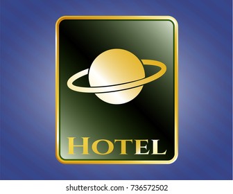  Gold emblem with planet, saturn icon and Hotel text inside