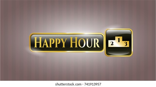  Gold emblem with podium icon and Happy Hour text inside