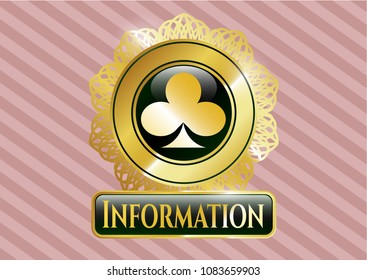 Gold emblem with poker clover icon and Information text inside