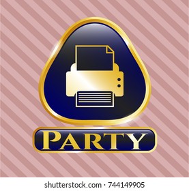 Gold emblem with printer icon and Party text inside Gold emblem with printer icon and Party text inside