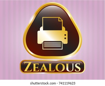  Gold emblem with printer icon and Zealous text inside