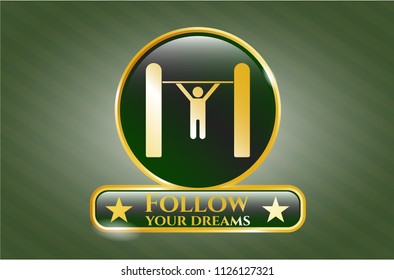  Gold emblem with pull up icon and Follow your dreams text inside