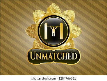  Gold emblem with pull up icon and Unmatched text inside