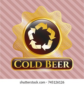  Gold emblem with recycle icon and Cold Beer text inside