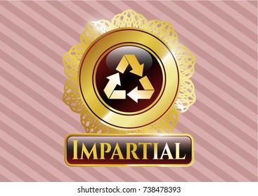  Gold emblem with recycle icon and Impartial text inside
