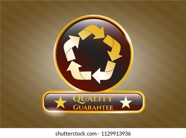  Gold emblem with recycle icon and Quality Guarantee text inside
