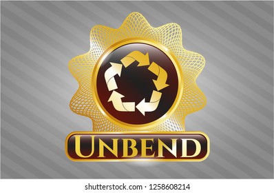  Gold emblem with recycle icon and Unbend text inside