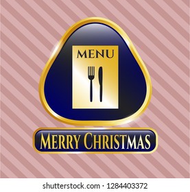  Gold emblem with restaurant menu icon and Merry Christmas text inside