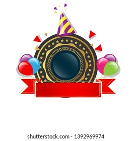 gold emblem with ribbon - balloon, confetti and gift box.