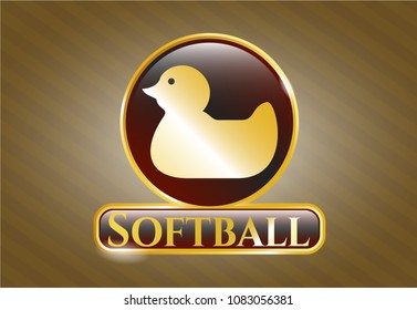   Gold emblem with rubber duck icon and Softball text inside