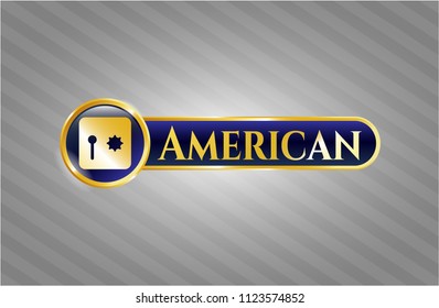  Gold emblem with safe, safety deposit box icon and American text inside