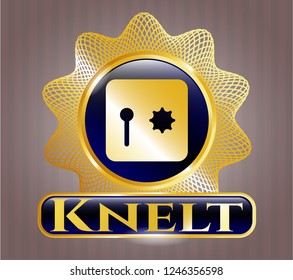  Gold emblem with safe, safety deposit box icon and Knelt text inside
