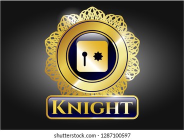  Gold emblem with safe, safety deposit box icon and Knight text inside