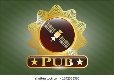  Gold emblem with satelite icon and Pub text inside